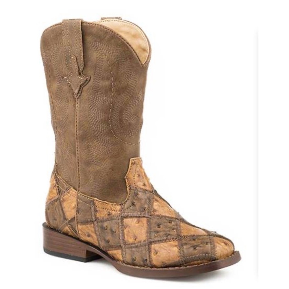 Roper Big Boys Tan And Brown Patchwork Faux Ostrich Square Toe Cowboy Boots - 6